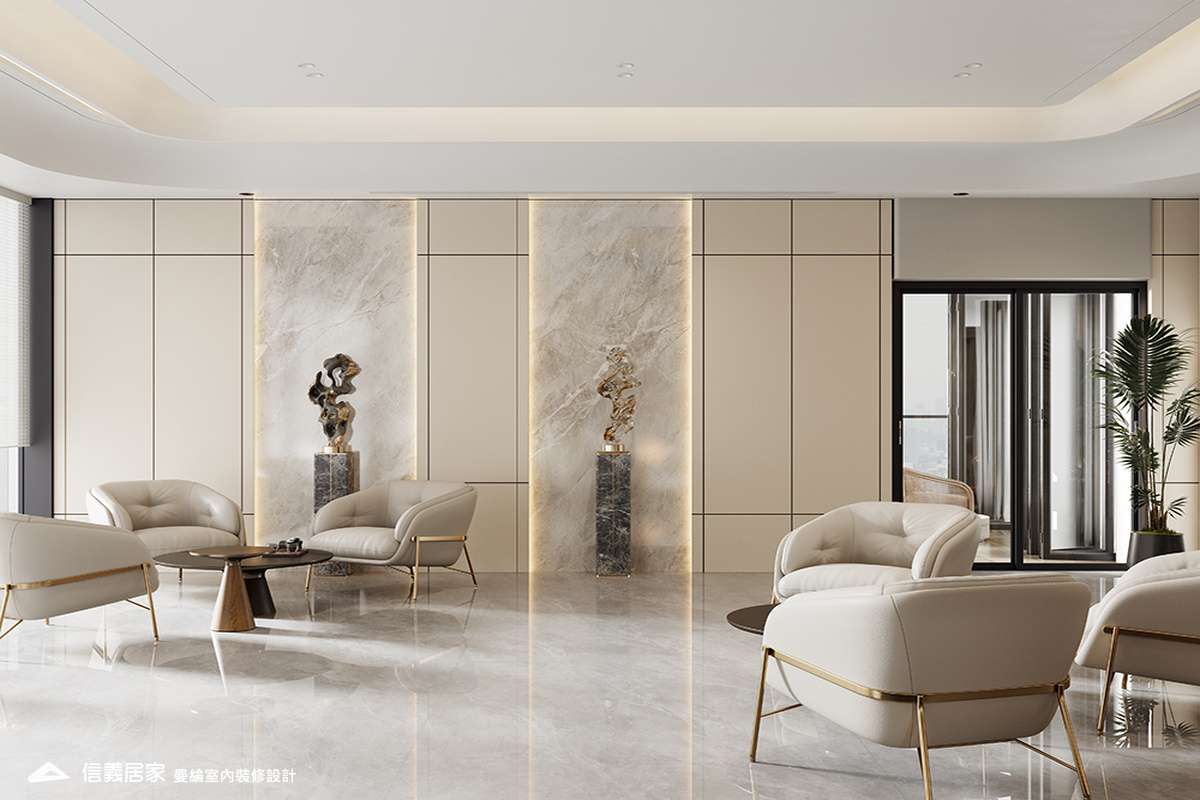 洽談區-4-招待所 奢華風 大理石 鍍鈦飾條 水晶吊燈 大板磚