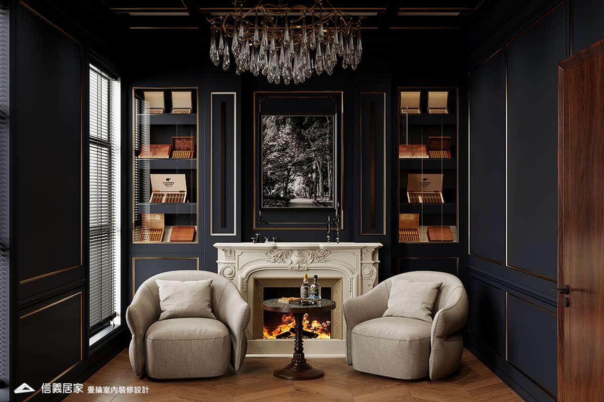 雪茄室-1-招待所 奢華風 大理石 鍍鈦飾條 水晶吊燈 大板磚