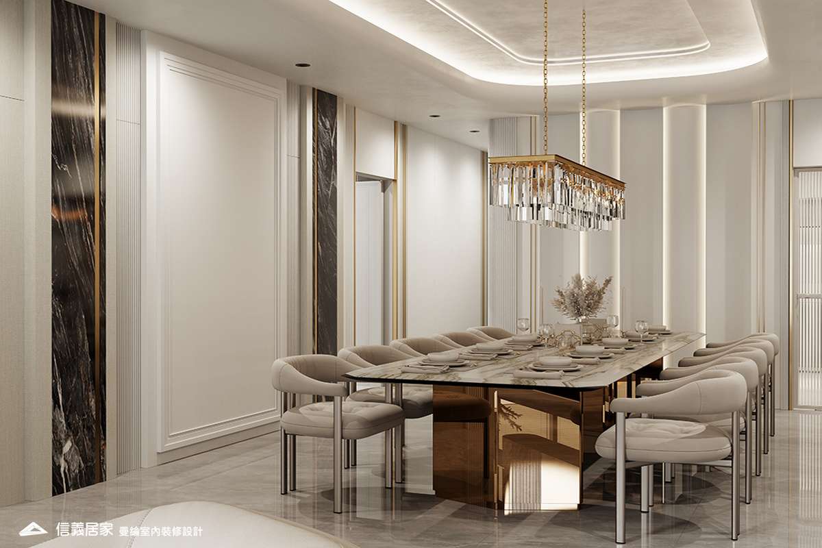 餐廳-1-招待所 奢華風 大理石 鍍鈦飾條 水晶吊燈 大板磚