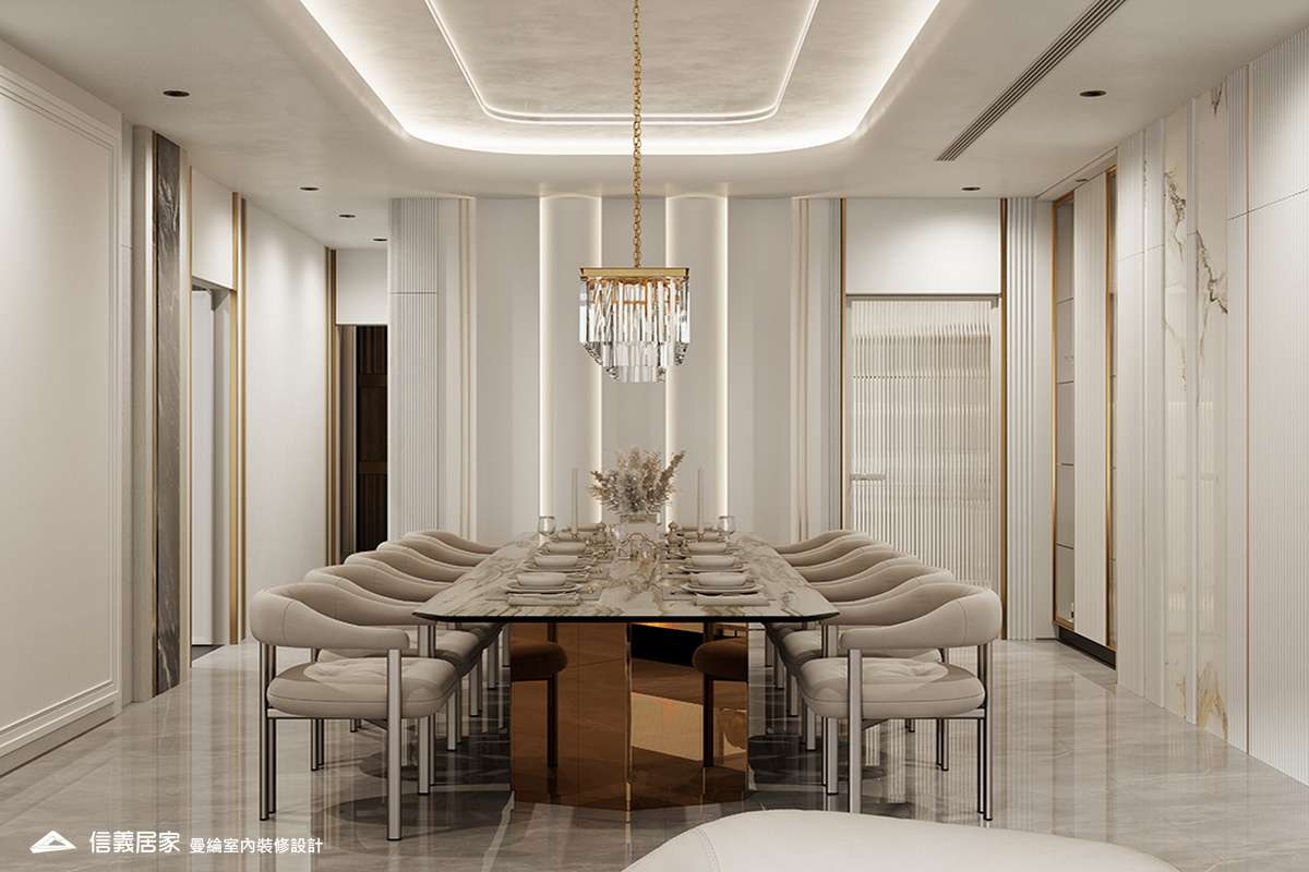 餐廳-2-招待所 奢華風 大理石 鍍鈦飾條 水晶吊燈 大板磚