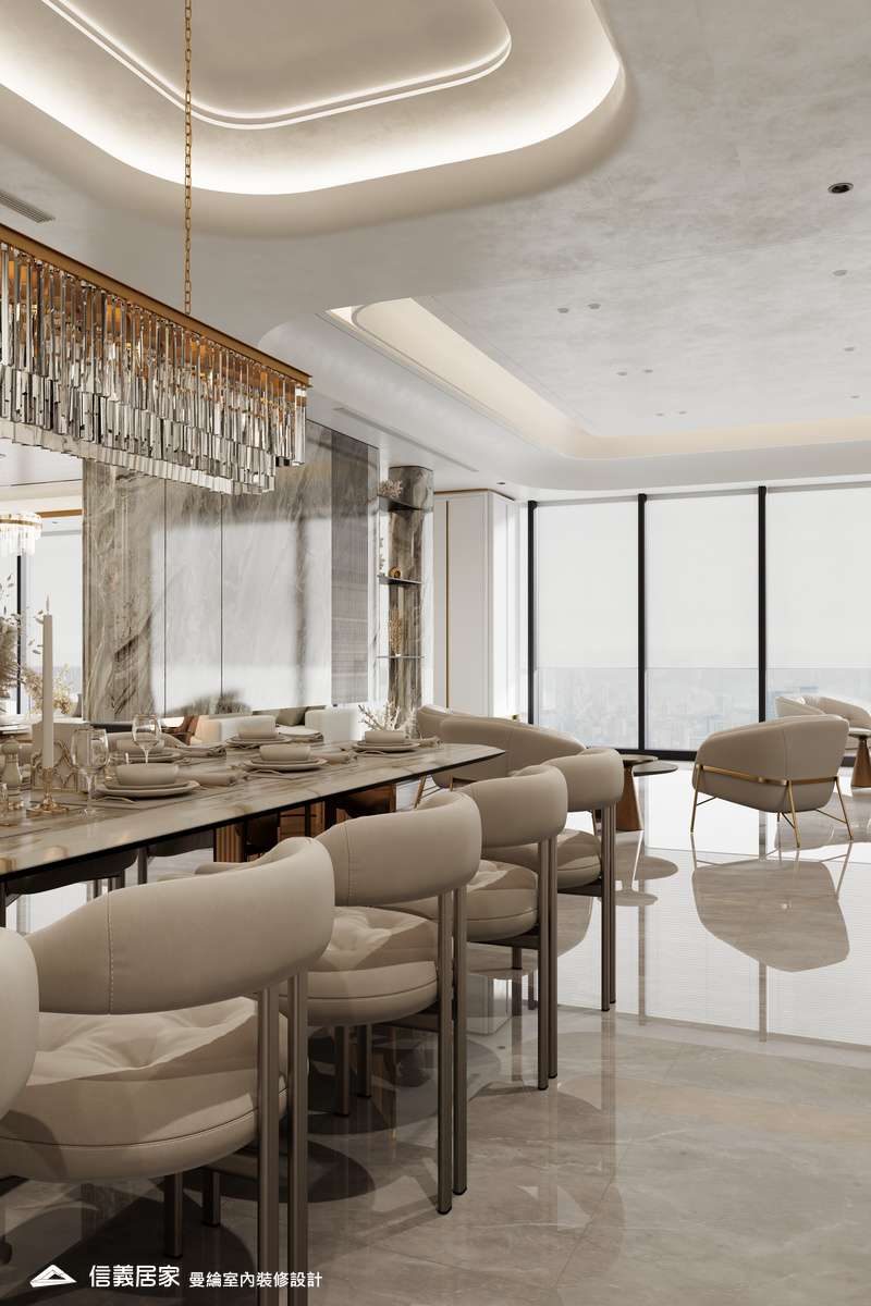 餐廳-3-招待所 奢華風 大理石 鍍鈦飾條 水晶吊燈 大板磚