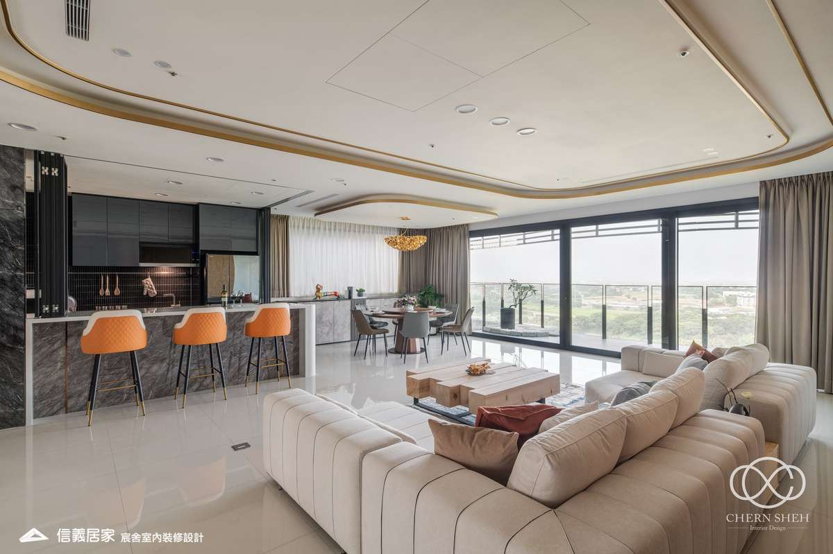 3.客廳_系統櫃_壓花玻璃_大板磚_藝術漆_現代輕奢風