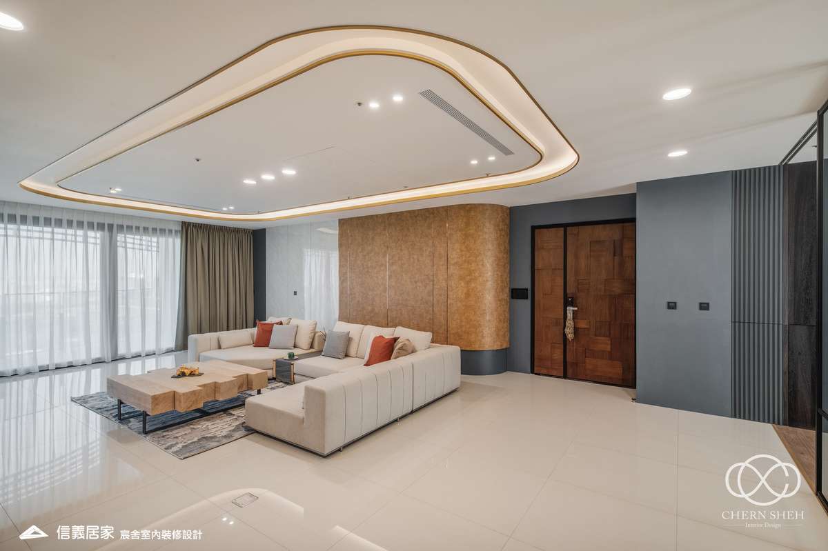 4.客廳_系統櫃_壓花玻璃_大板磚_藝術漆_現代輕奢風