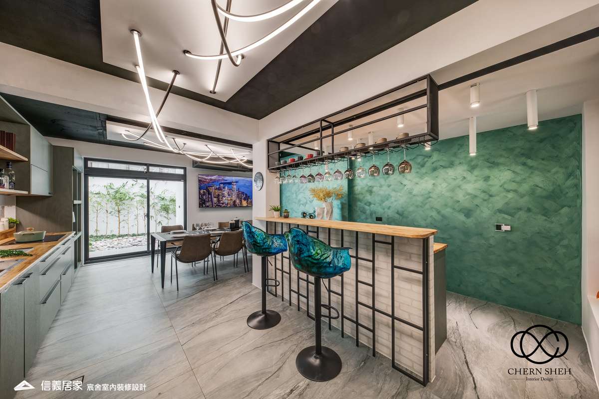 01.客廳_廚房_中島_特殊塗料_系統櫃_電器櫃_鐵件_綠色_黑白_翻新