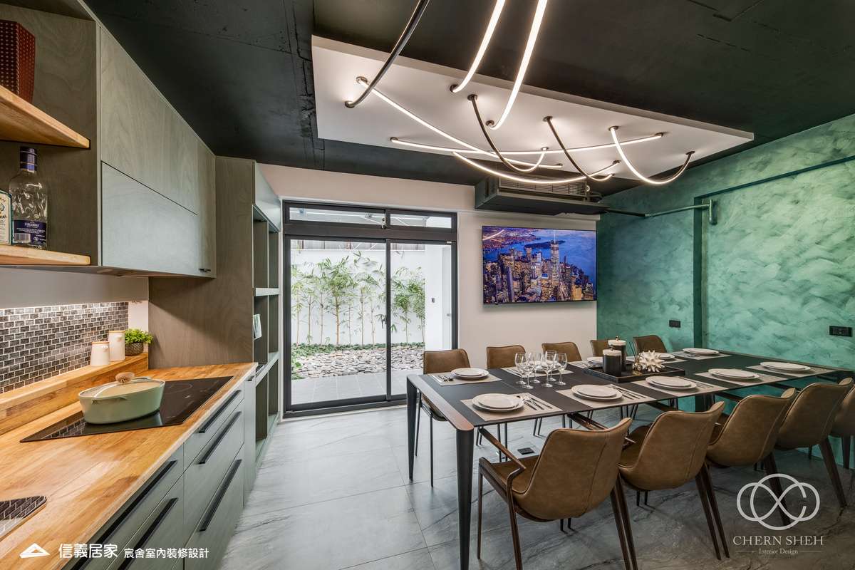 04.客廳_廚房_中島_特殊塗料_系統櫃_電器櫃_鐵件_綠色_黑白_翻新