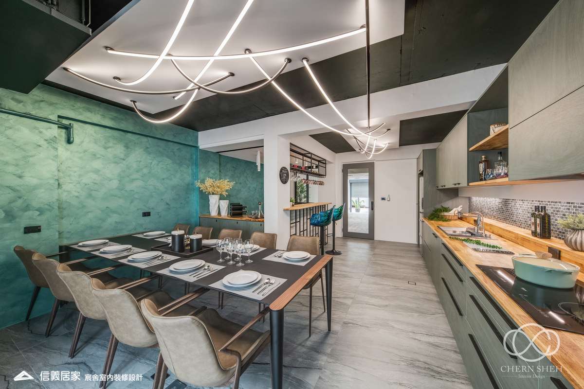 09.客廳_廚房_中島_特殊塗料_系統櫃_電器櫃_鐵件_綠色_黑白_翻新