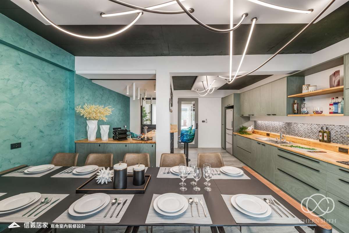 10.客廳_廚房_中島_特殊塗料_系統櫃_電器櫃_鐵件_綠色_黑白_翻新