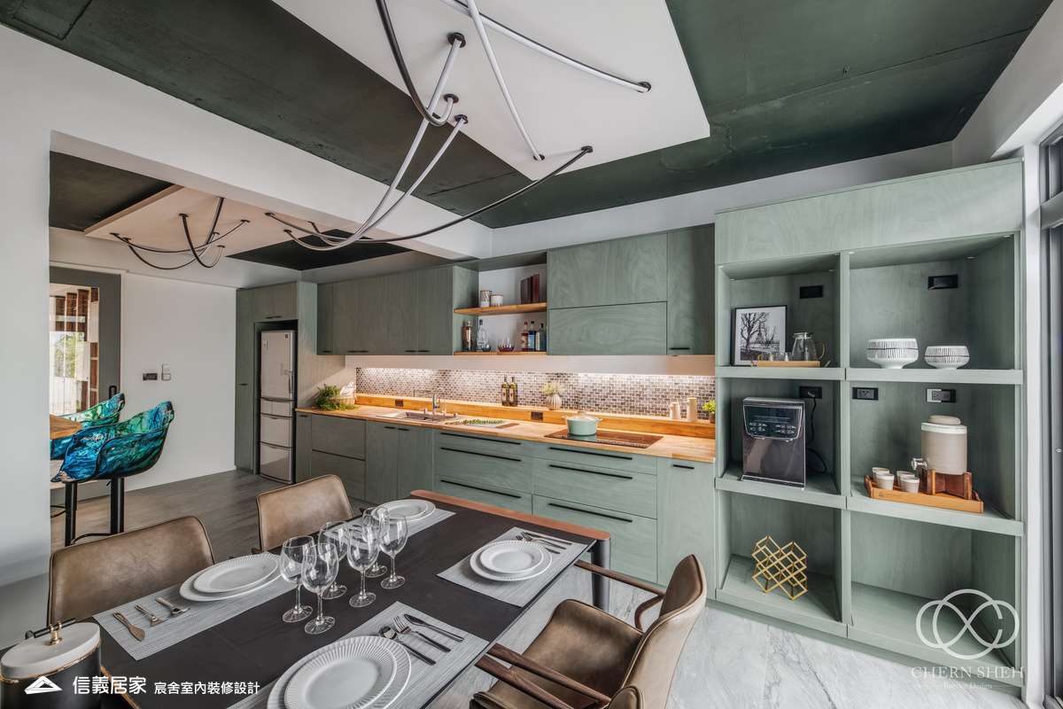 12.客廳_廚房_中島_特殊塗料_系統櫃_電器櫃_鐵件_綠色_黑白_翻新