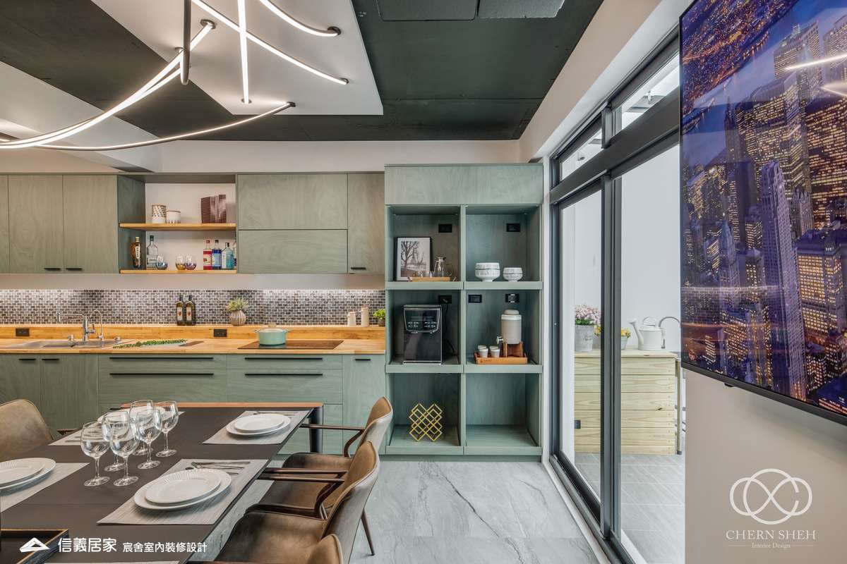 13.客廳_廚房_中島_特殊塗料_系統櫃_電器櫃_鐵件_綠色_黑白_翻新