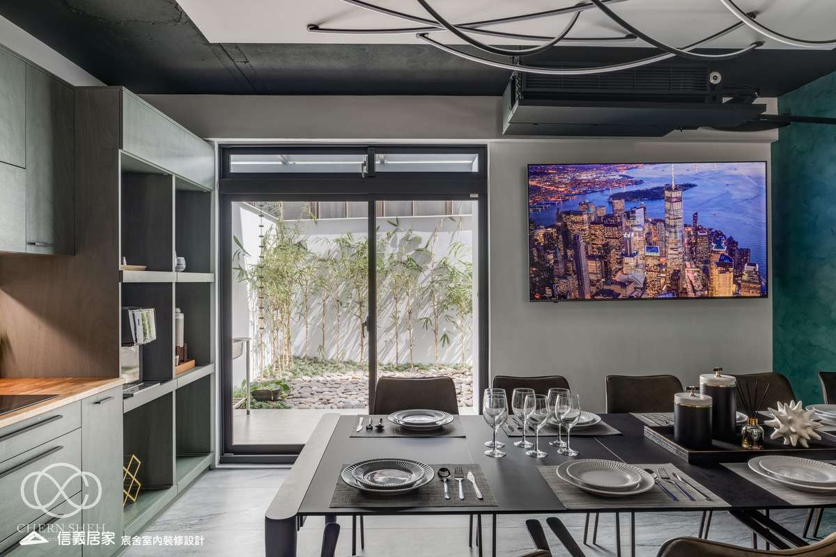 16.客廳_廚房_中島_特殊塗料_系統櫃_電器櫃_鐵件_綠色_黑白_翻新