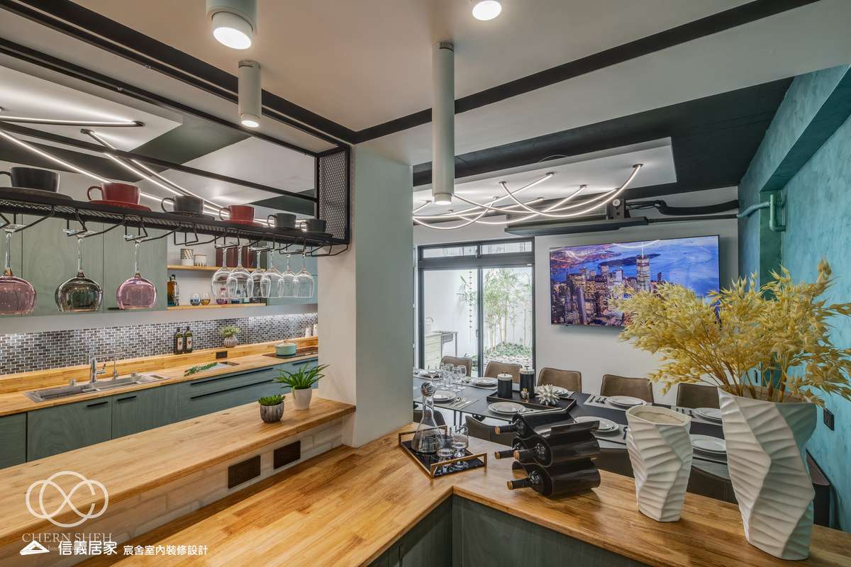 18.客廳_廚房_中島_特殊塗料_系統櫃_電器櫃_鐵件_綠色_黑白_翻新