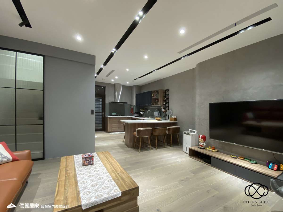 09.廚房_客廳_鄉村風_系統櫃_文化磚_特殊塗料_白色_灰色_翻新
