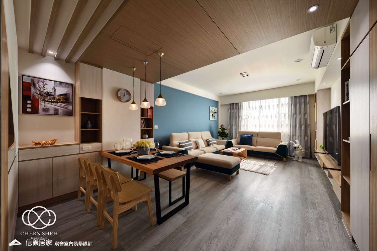 01.客廳_北歐風_系統櫃_餐桌_格柵_木地板_白色_藍色_樓梯