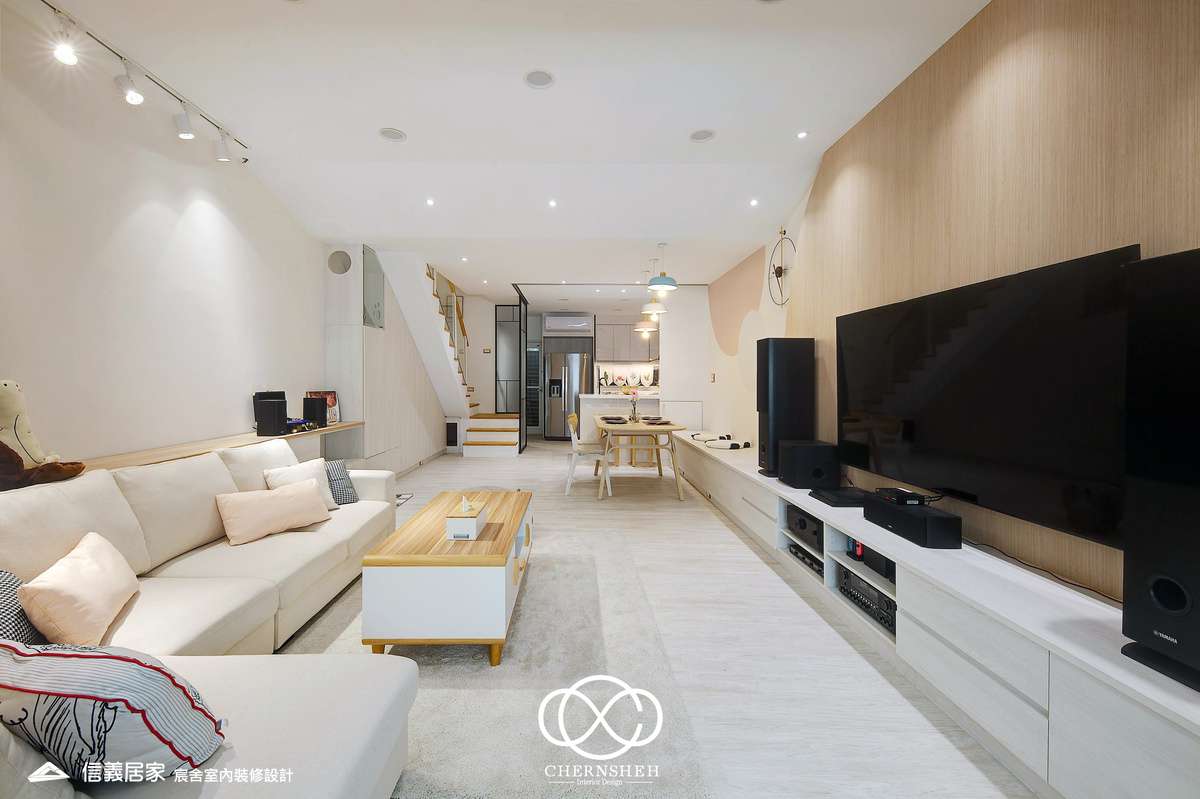 04.客廳_奶油風_花磚_系統櫃_鐵件_白色_米色_奶茶色_翻新