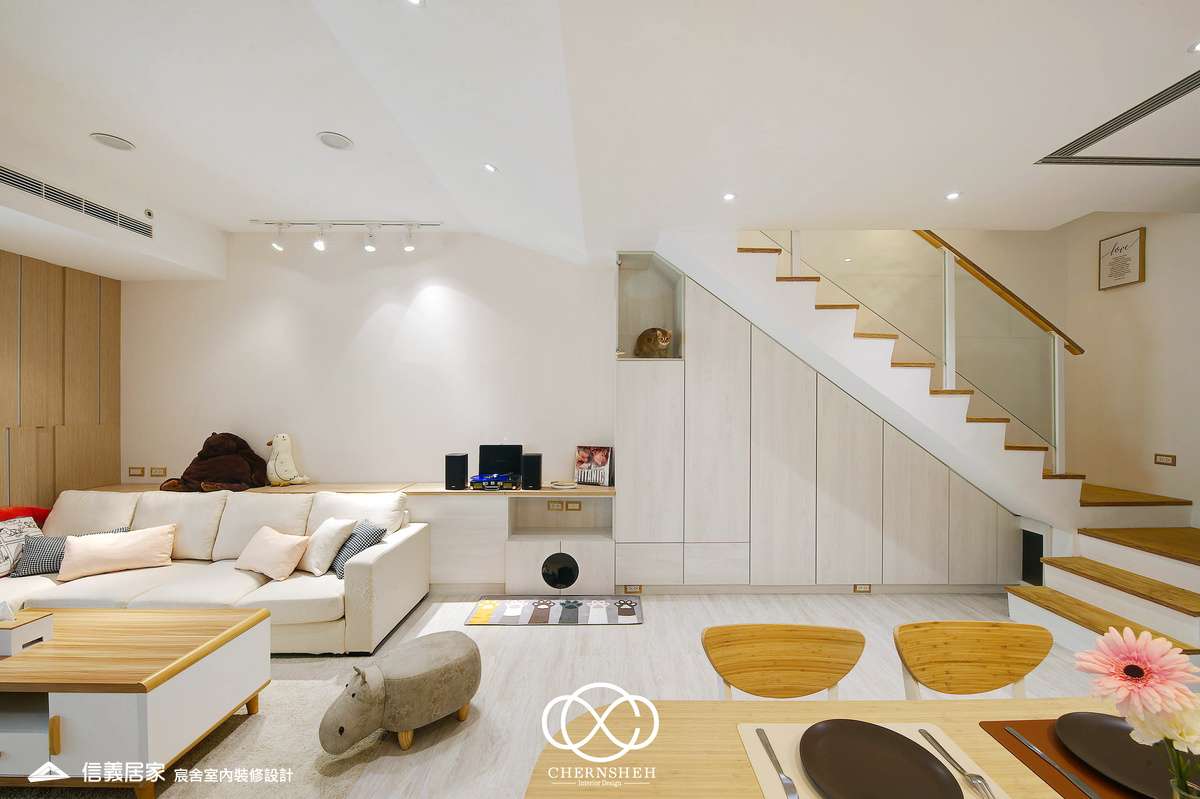 05.客廳_奶油風_花磚_系統櫃_鐵件_白色_米色_奶茶色_翻新