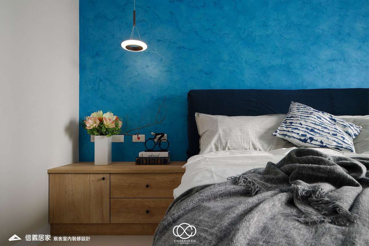 臥室_現代風_系統櫃_藝術漆_藍色_電視櫃_花磚