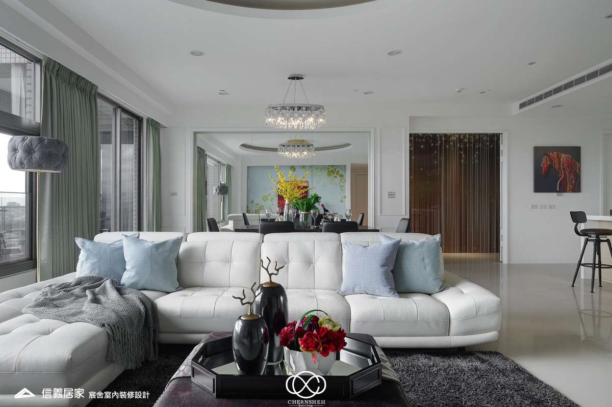 客廳_開放式廚房_古典風_系統櫃_白色_綠色_中島_線板_鏡子_吊燈_20~29坪