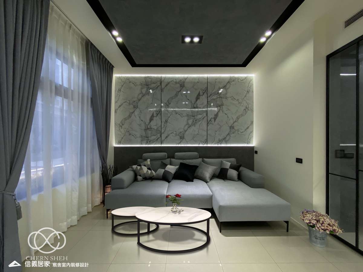 04.玄關_客廳_大理石_大理石電視牆_灰色_玻璃推拉門_輕奢風