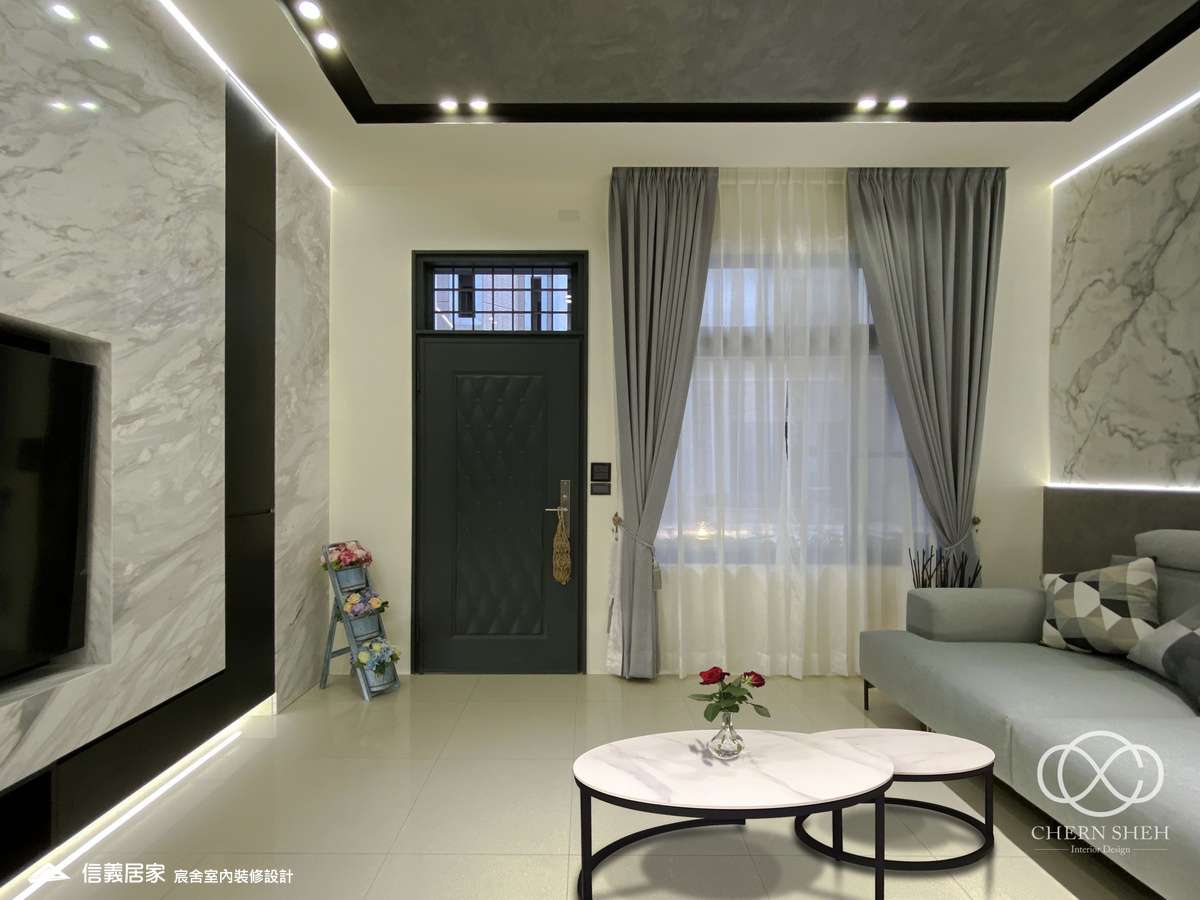 1.玄關_客廳_大理石_大理石電視牆_灰色_玻璃推拉門_輕奢風