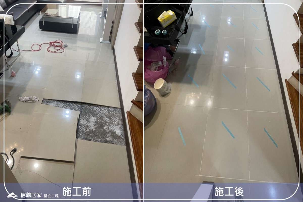 台中北區-59.8x59.8CM地磚爆裂隆起灌膠修繕