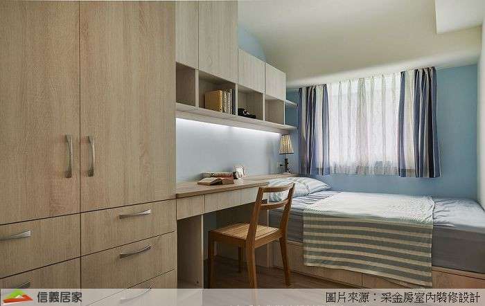 藍色臥室室內裝潢設計，包括床、書桌裝潢圖片