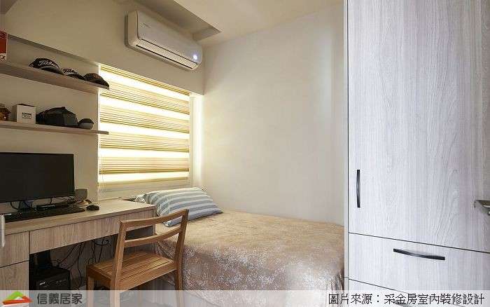 白色臥室室內裝潢設計，包括床、書桌裝潢圖片