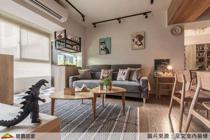 米色客廳室內裝潢設計，包括沙發、茶几、椅子、矮櫃、地毯、捲簾裝潢圖片