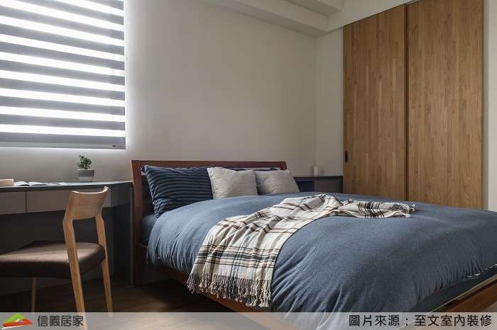 米色臥室室內裝潢設計，包括床、百葉窗裝潢圖片