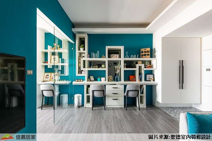 藍色餐廳室內裝潢設計，包括收納櫃、餐桌、餐椅裝潢圖片