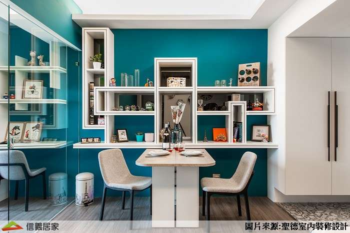 藍色餐廳室內裝潢設計，包括餐桌、餐椅、置物櫃裝潢圖片