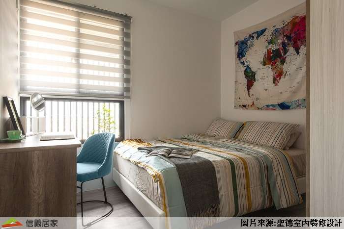 米色臥室室內裝潢設計，包括床、椅子、書桌、百葉窗裝潢圖片
