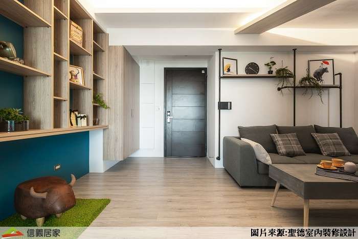 米色客廳室內裝潢設計，包括沙發、茶几、置物櫃裝潢圖片