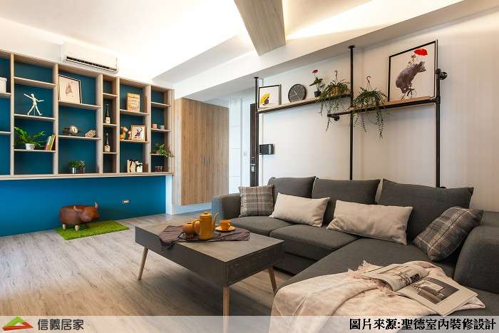 米色客廳室內裝潢設計，包括沙發、茶几、置物櫃裝潢圖片