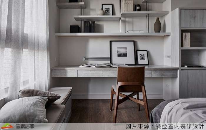 灰色臥室室內裝潢設計，包括書桌、置物櫃裝潢圖片