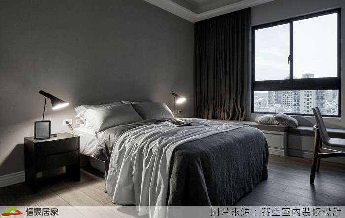 灰色臥室室內裝潢設計，包括窗簾、床、置物櫃裝潢圖片