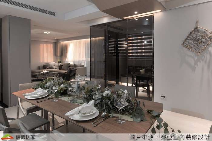 灰色餐廳室內裝潢設計，包括餐桌、餐椅裝潢圖片