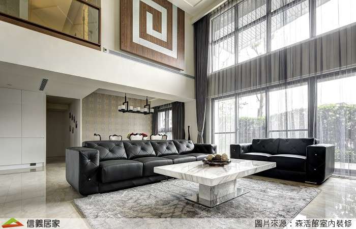 米色客廳室內裝潢設計，包括地毯、大理石牆/檯面、L型沙發裝潢圖片
