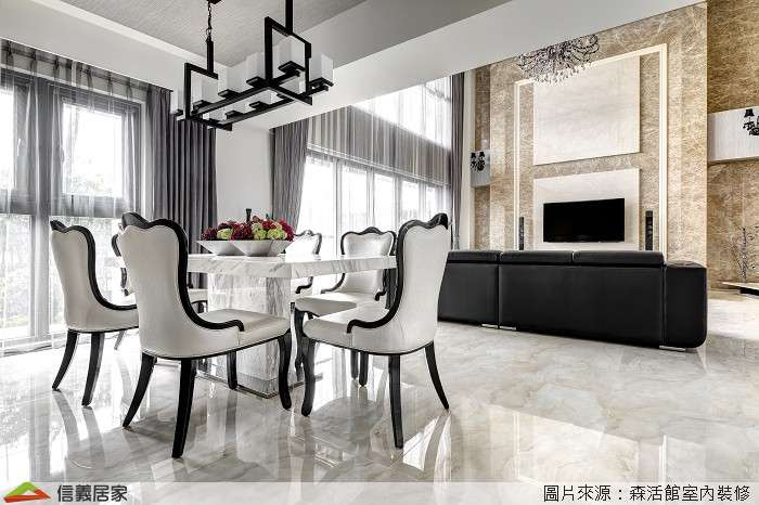 米色客廳,米色餐廳室內裝潢設計，包括吊燈裝潢圖片