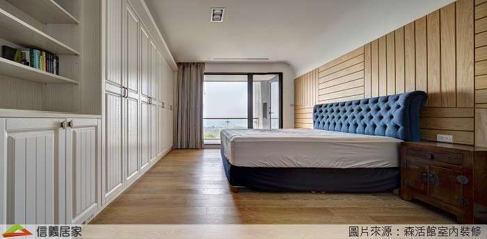 米色臥室室內裝潢設計，包括床、收納櫃、置物櫃裝潢圖片