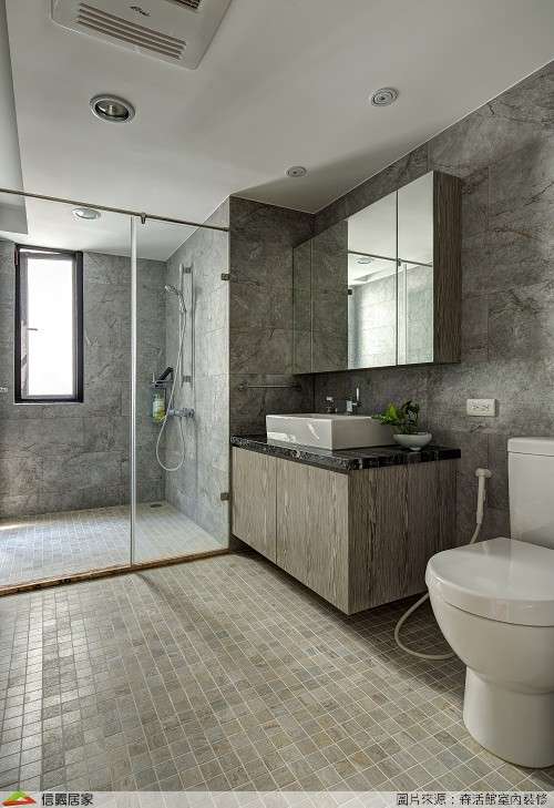 灰色乾濕分離室內裝潢設計，包括鏡子、洗手台、淋浴/花灑、馬桶裝潢圖片