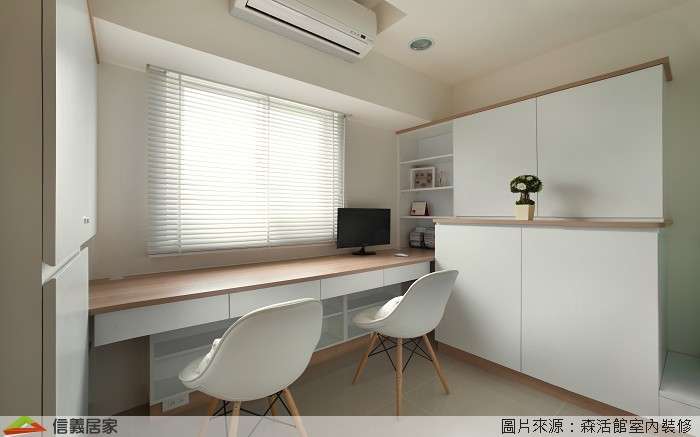 米色書房室內裝潢設計，包括收納櫃、椅子、書桌裝潢圖片