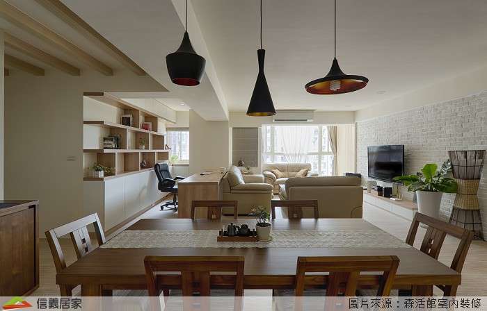 米色餐廳室內裝潢設計，包括吊燈、餐桌、餐椅裝潢圖片