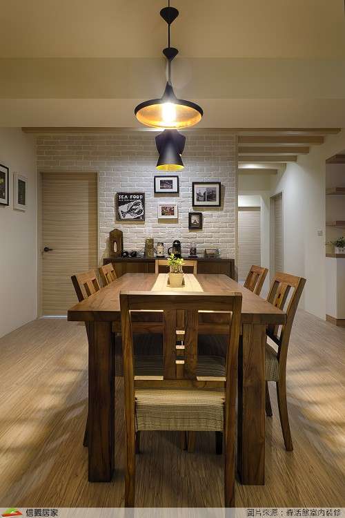 米色客廳室內裝潢設計，包括吊燈、餐桌、餐椅裝潢圖片