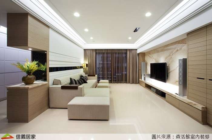 米色客廳室內裝潢設計，包括沙發、電視櫃裝潢圖片