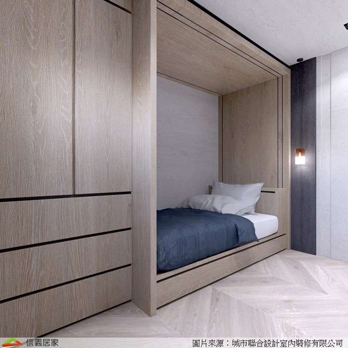 米色臥室室內裝潢設計，包括床、收納櫃裝潢圖片
