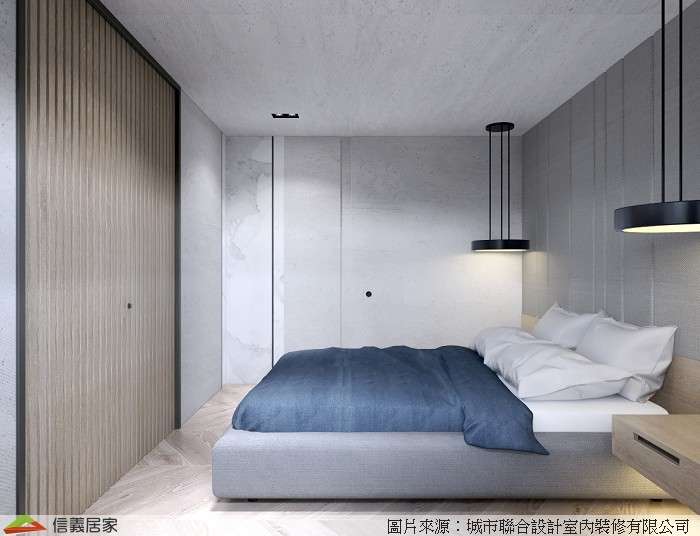 米色臥室室內裝潢設計，包括床、吊燈裝潢圖片
