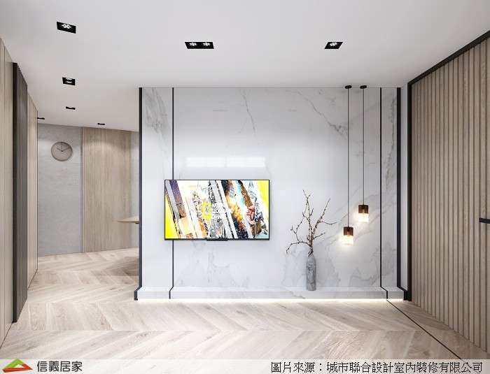 米色客廳室內裝潢設計，包括電視牆、大理石牆/檯面裝潢圖片