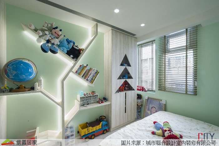 綠色小孩房室內裝潢設計，包括床、置物櫃裝潢圖片