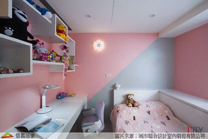 粉紅色小孩房室內裝潢設計，包括床、書桌、置物櫃裝潢圖片