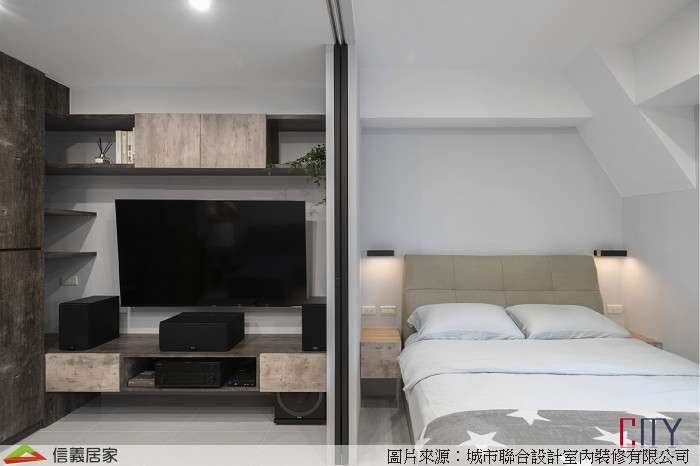 灰色臥室室內裝潢設計，包括床、電視櫃、置物櫃裝潢圖片